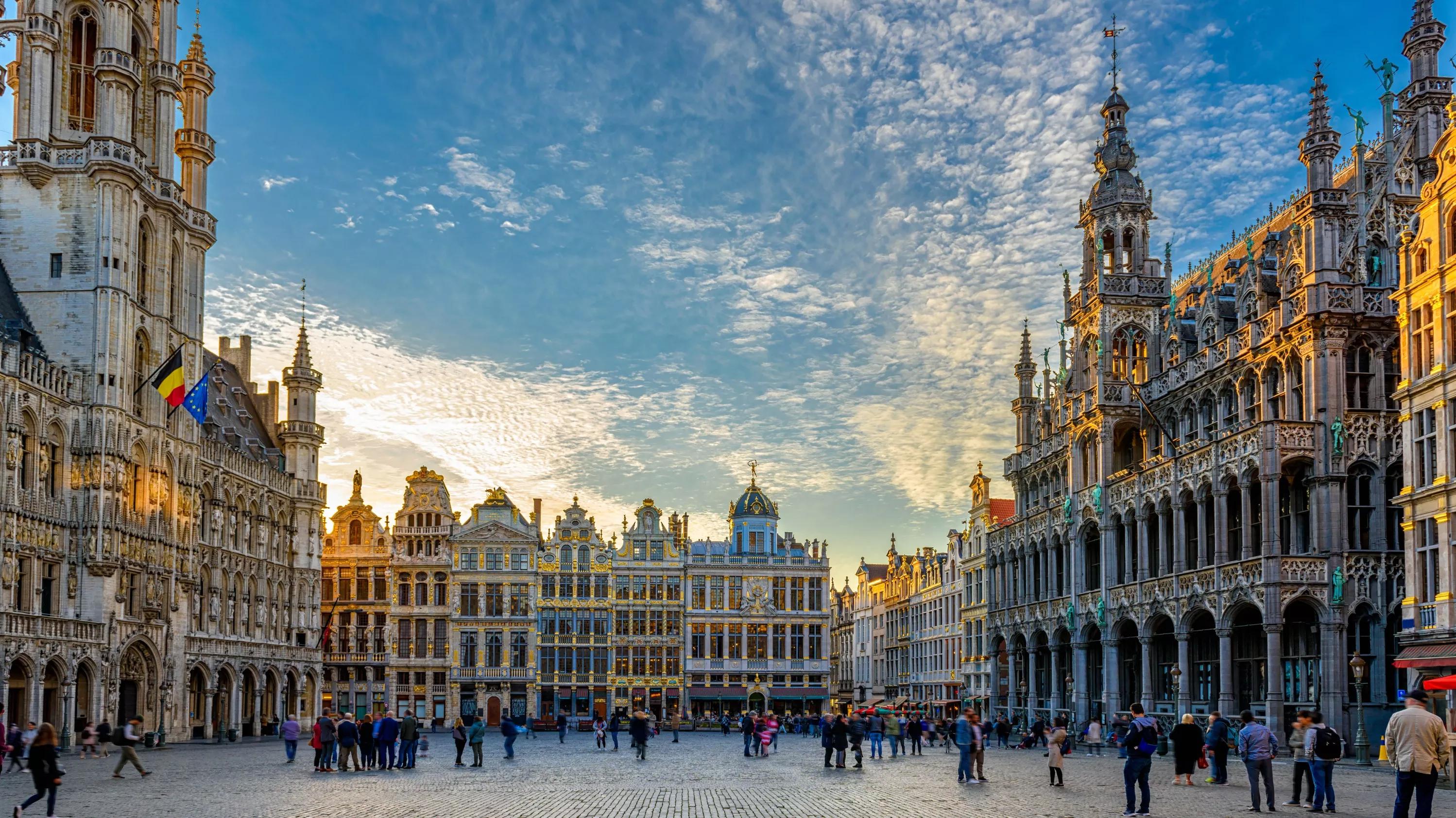 The Grand Place guildhalls at golden hour, Brussels, Belgium